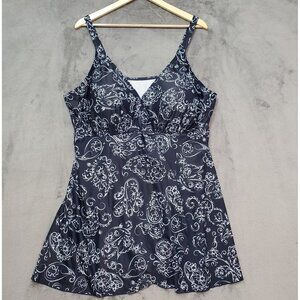 Womens Swim dress One Piece Swimsuit Retro Swimwear Size 26W PERONA Blue White